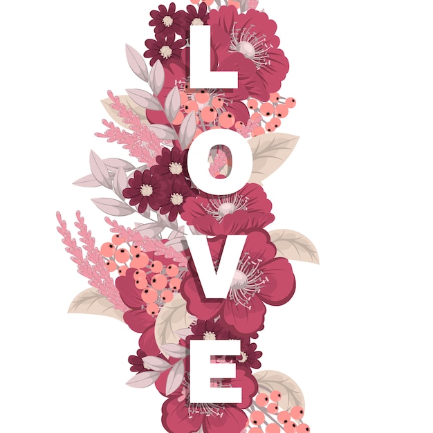 Vector floral word love (flowers, grass, leaves). floral letter.