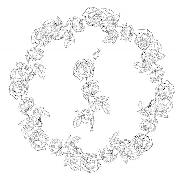 Floral wreath, black and white rose flowers