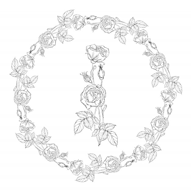 Floral wreath, black and white rose flowers