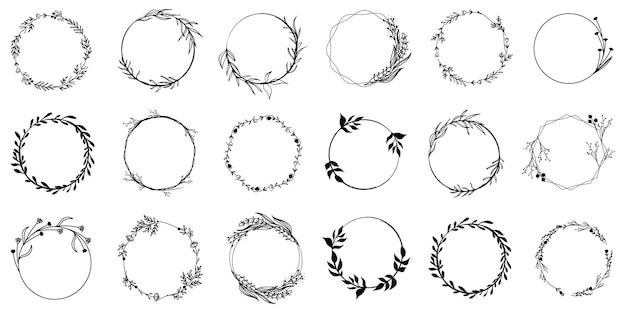 Vector floral wreath collection set of vintage tree branch wreath for design hand drawn floral frames with flowers branch and leaves flower and leaf wreath frame decoration