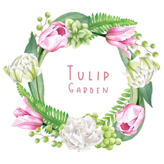 Floral wreath composed of tulips and leaves