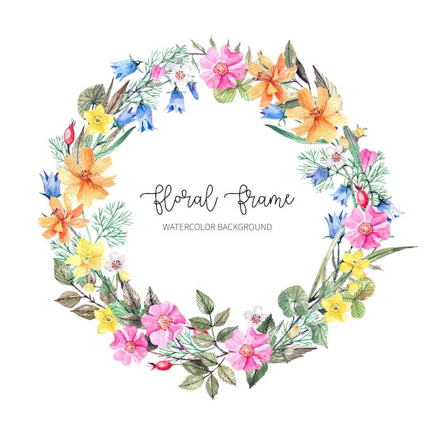 Vector floral wreath of field, wild plants watercolor illustration isolated on white background.