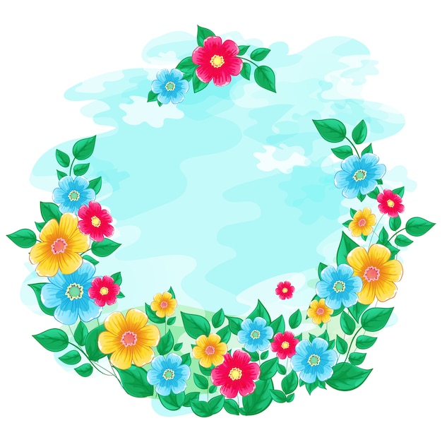 Floral wreath frame of azure watercolor sky