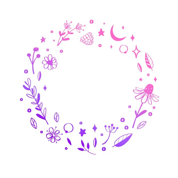 Floral wreath, frame. Hand drawn rustic botanical doddle element