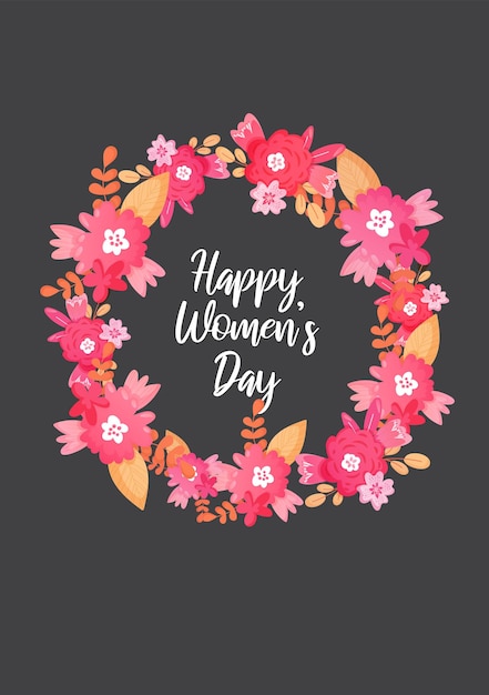 Vector floral wreath and happy womens day lettering