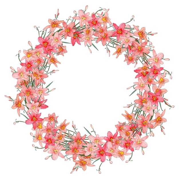 Floral wreath of pink flowers lilies.