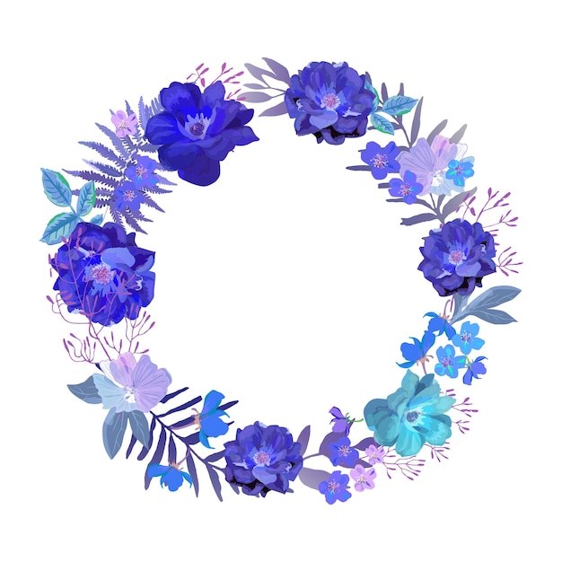 Floral wreath with blue beautiful roses set with flowers and leaves for invitation vector