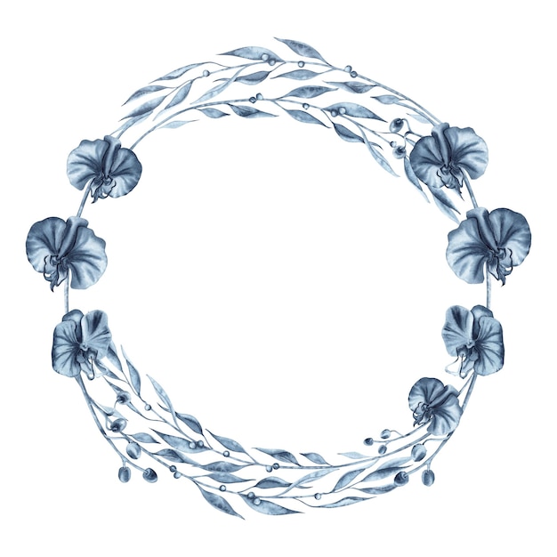 Vector floral wreath with blue orchid flowers and leaves hand drawn watercolor illustration isolated