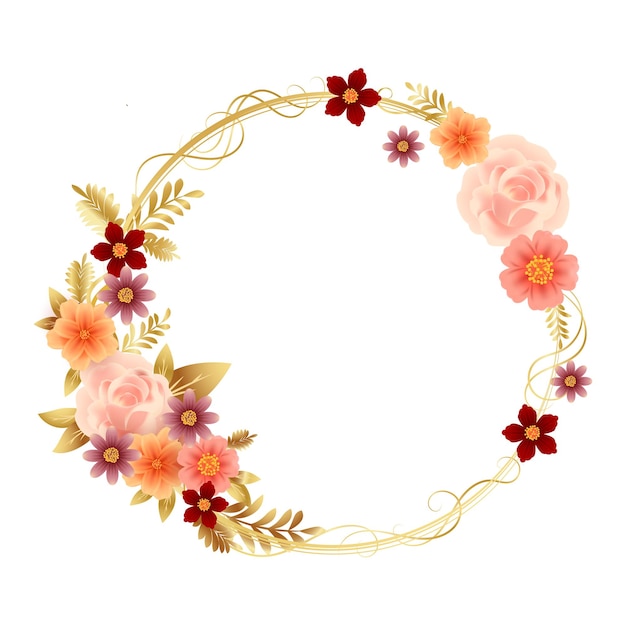 Floral wreath with flowers in gold round frame