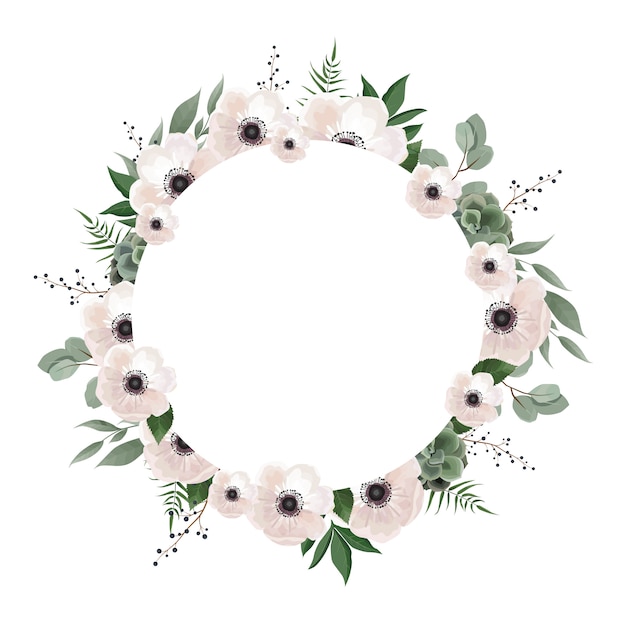 Vector floral wreath with green eucalyptus leaves, flower rose, anemone