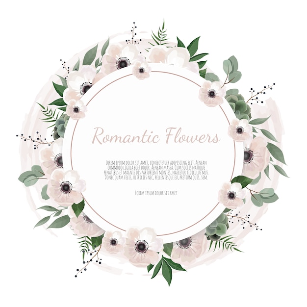 Floral wreath with green eucalyptus leaves, flower rose, anemone