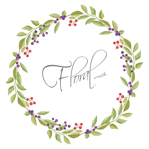 Floral wreath with leaves and branches in white background.