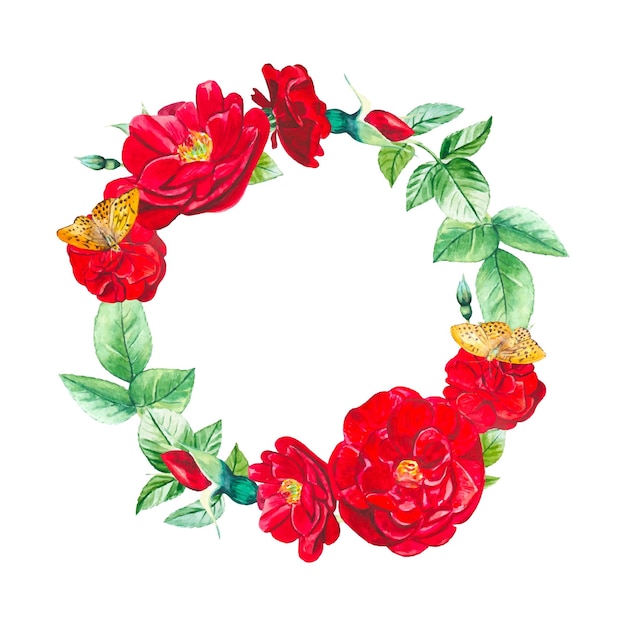 Floral wreath with red garden roses and leaves watercolor