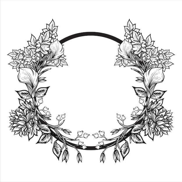 Floral wreath with tree leaves hand drawn illustration converted to vector