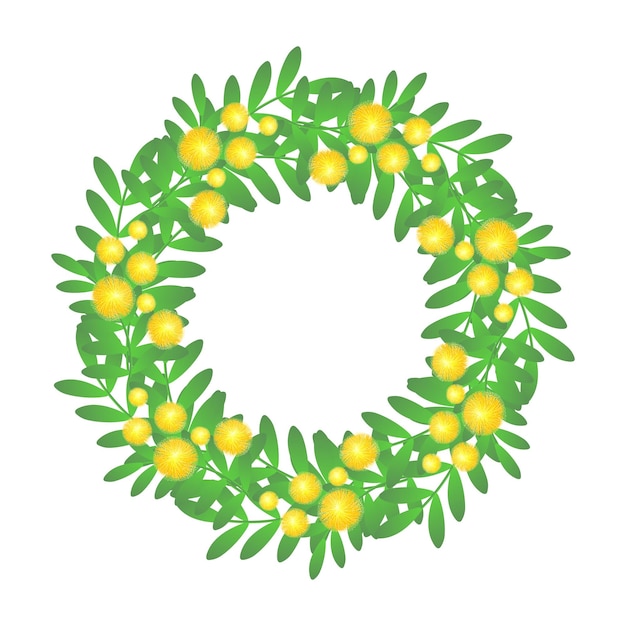 Floral wreath with yellow mimosa isolated on white background Round frame Vector illustration