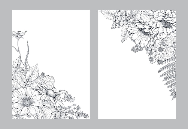 Florale achtergronden met handgetekende wilde bloemen en planten Monochrome vectorillustratie