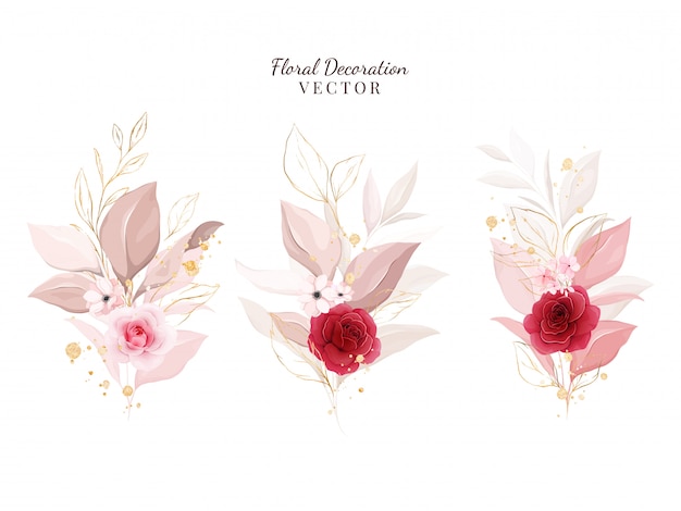 Vector florale decoratie set. botanische illustratie van rode en perzikrozen met bladeren, tak.