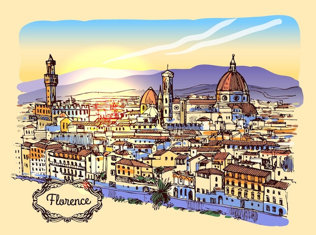 Illustrazione vettoriale dello schizzo di firenze adatto per la stampa di souvenir italiani per magliette, custodie per telefoni, cartoline