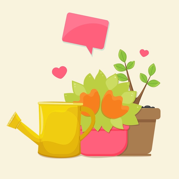 Floriculture home garden concept Potted flowers and watering can Vector illustration