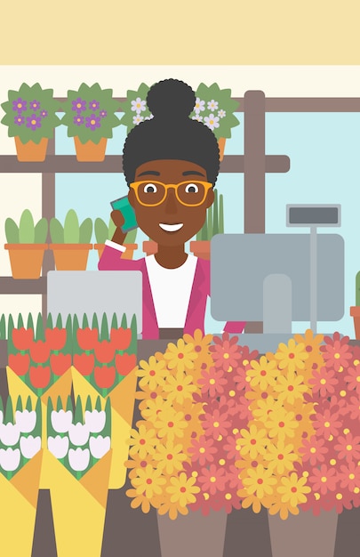 Vector florist at flower shop vector illustration.