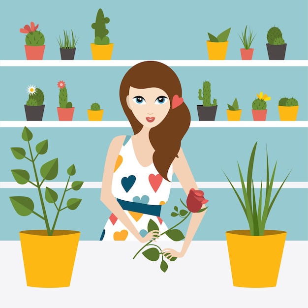 Флорист-продавщица в цветочном магазине плоский дизайн