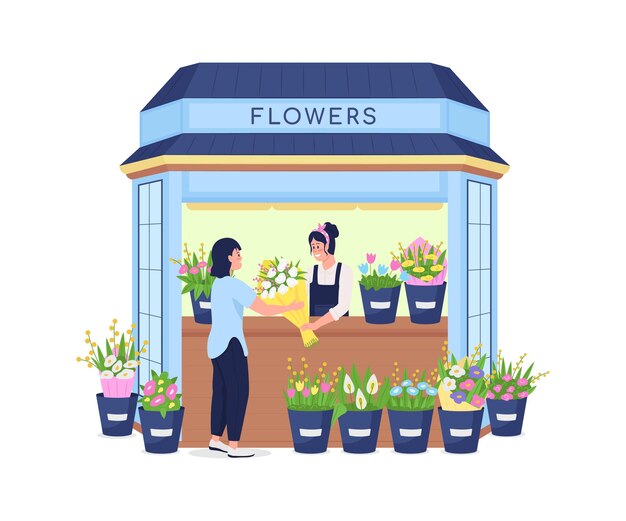 顧客に花を売る花屋フラットカラー詳細キャラクター