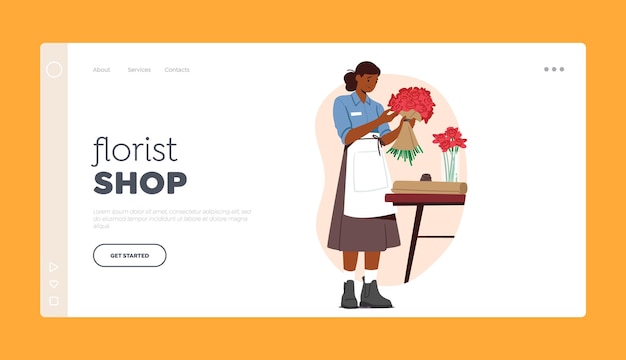 Florist Shop Landing Page Template Flower Shop Saleswoman Making Flower Bouquets Caring of Plants Creating Composition