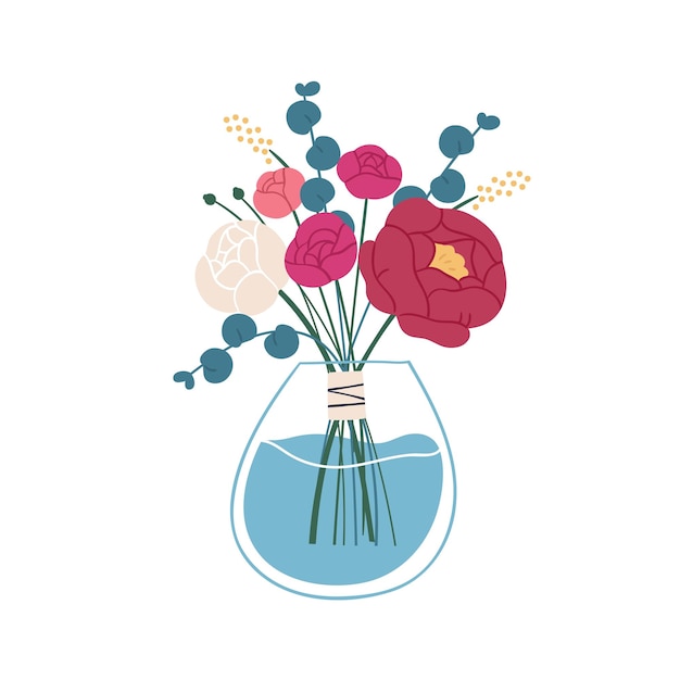Floristische samenstelling van Boterbloem en eucalyptus tuin bloemen in glazen vaas. Prachtig lenteboeket. Stelletje bloeiende planten. Platte vector cartoon illustratie geïsoleerd op wit.