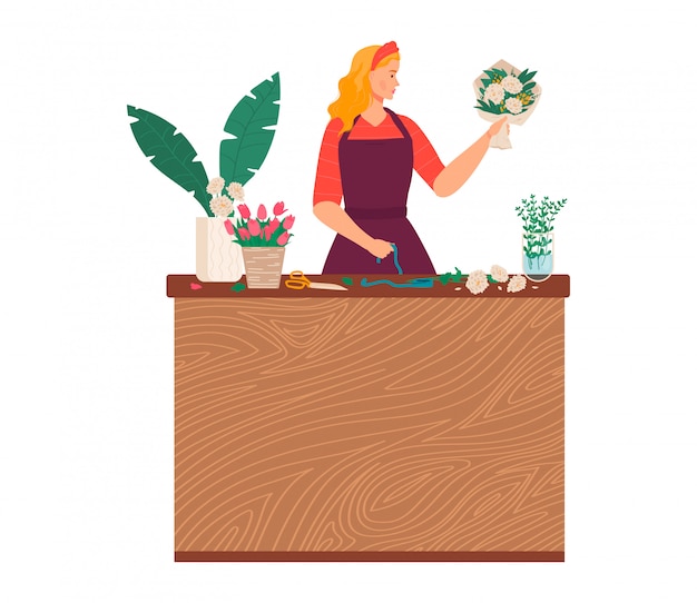 꽃집 가게 그림, 만화 아름 다운 젊은 여자 플로리스트 화이트에 꽃과 식물의 꽃다발 장식 만들기