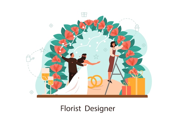 Vettore fioristi che decorano l'arco di nozze con le rose. fiorista di eventi. occupazione creativa, attività floristica. illustrazione vettoriale isolato in stile piatto