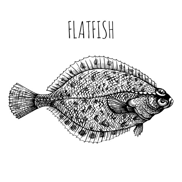 Premium Vector | Flounder sketch flat ocean fish sea bottom animal vector