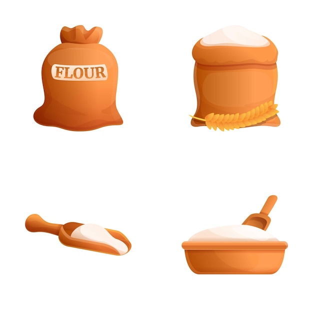 Flour bag icons set cartoon vector Wheat flour in sack and bowl Product food