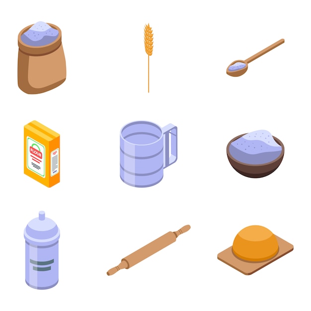 Flour icons set, isometric style