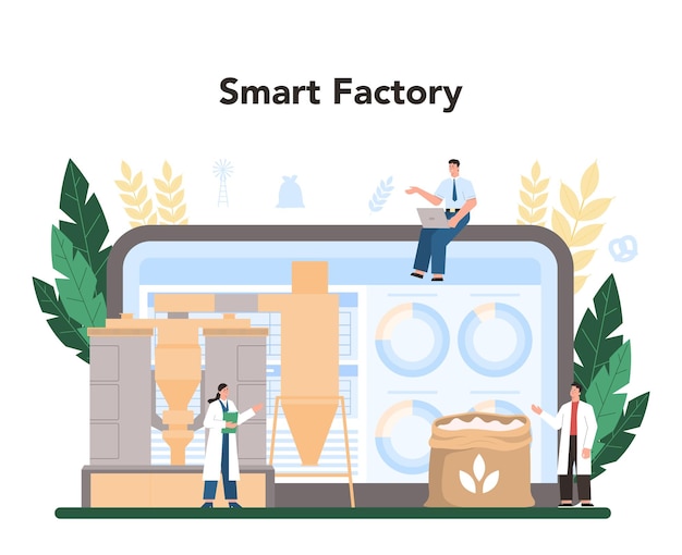 Piattaforma o servizio online per l'industria della fusione della farina moderna fabbrica industriale di lavorazione del grano prodotto per la panificazione fabbrica intelligente online illustrazione vettoriale piatta