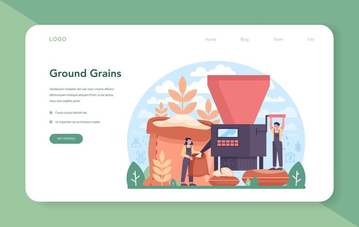 Vector flour melling industry web banner or landing page. modern grain harvest processing factory. baking and bread making. ground and sift cereals for cooking production. isolated flat illustration