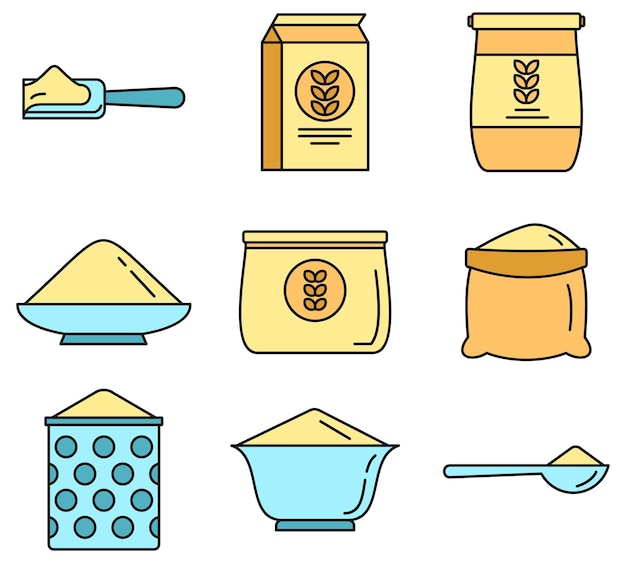 flour product icons set outline set of flour product vector icons thin line color flat on white