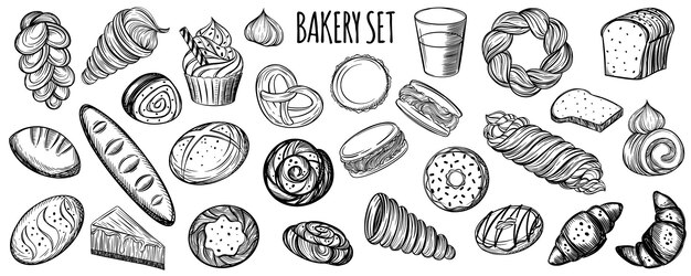 벡터 밀가루 제품은 베이커리 또는 페이스트리 가게 디자인을 위한 식품 세트를 스케치합니다.