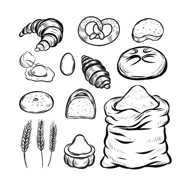 Flour sack and baked goods line drawing vector collection