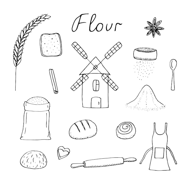 Vector flour set of baking products vector illustration, hand drawing doodle