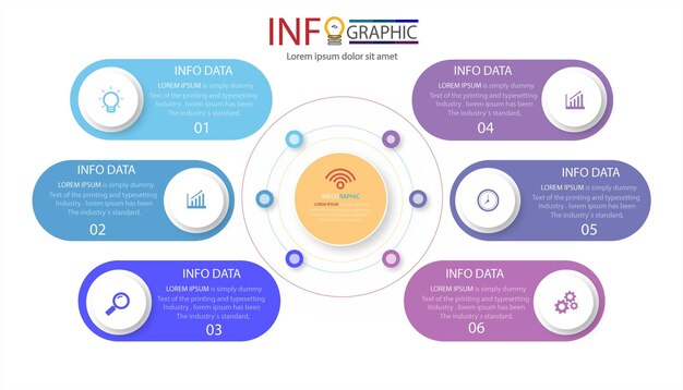 Flow chart diagram with circle elements infographic design template 6 option