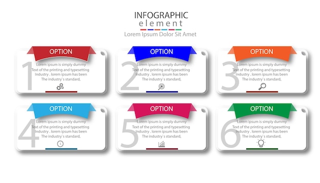 6 つのオプションを持つサークル要素インフォ グラフィック デザイン テンプレートを使用したフロー チャート図