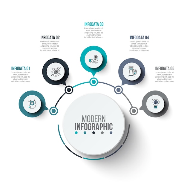 Flow chart infographic business template central circle with five circles around it