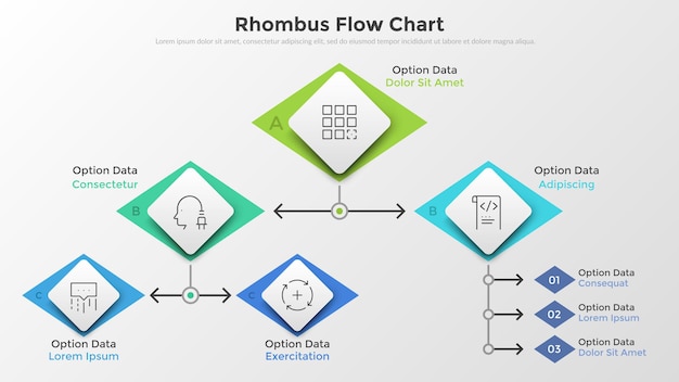 Flow diagram or flowchart with colorful and paper white rhombus elements connected by lines and arrows, linear icons and place for text. minimal infographic design template. vector illustration.