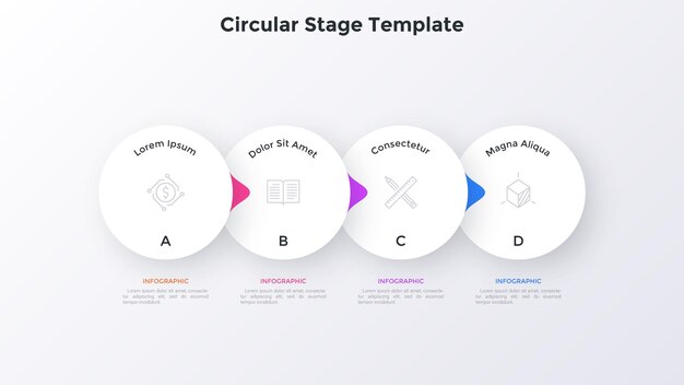 Diagramma di flusso con quattro elementi di carta bianca sovrapposti con puntatori posizionati in una riga orizzontale