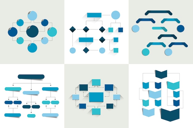 Vector flowcharts set of 6 flow charts schemes diagrams simply color editable infographics elements