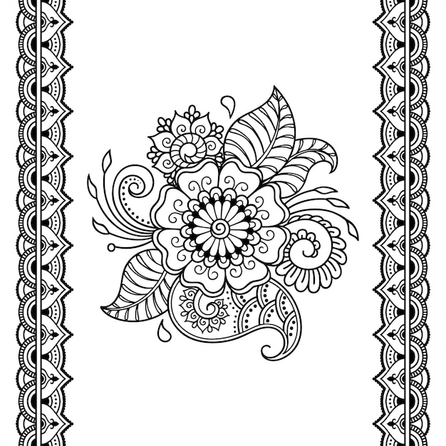 ベクトル 花とボーダー。一時的な刺青スタイル。オリエンタルスタイルの装飾用のセット。