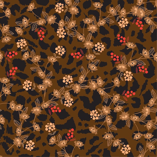 Flower on animal skin leopard prints seamless pattern