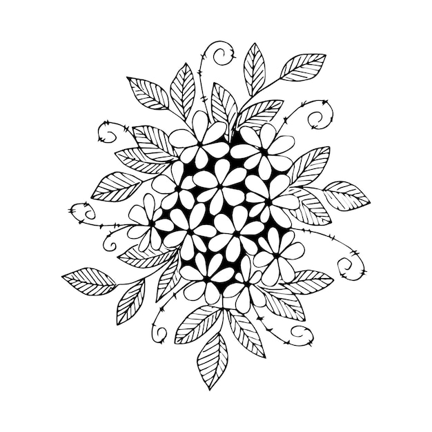 Disposizione dei fiori disegnata a mano nello stile di un doodle o di uno schizzo in bianco e nero di vettore