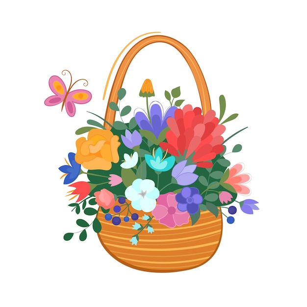 Flower basket with butterfly on white isolated background