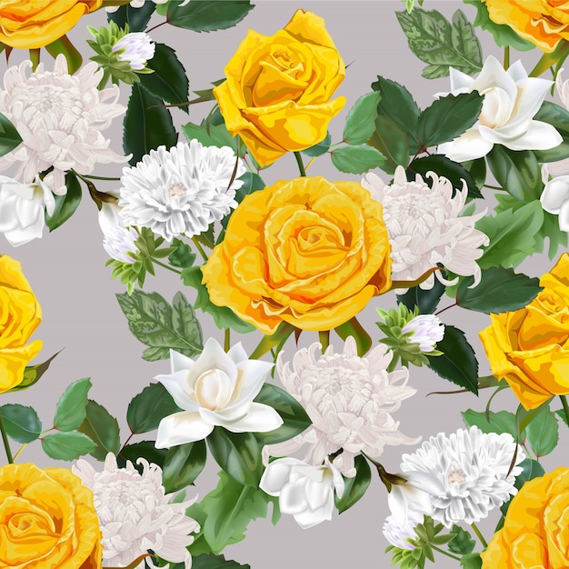 Красивый букет цветов с жёлтыми розами, хризантемой и иллюстрацией магнолии